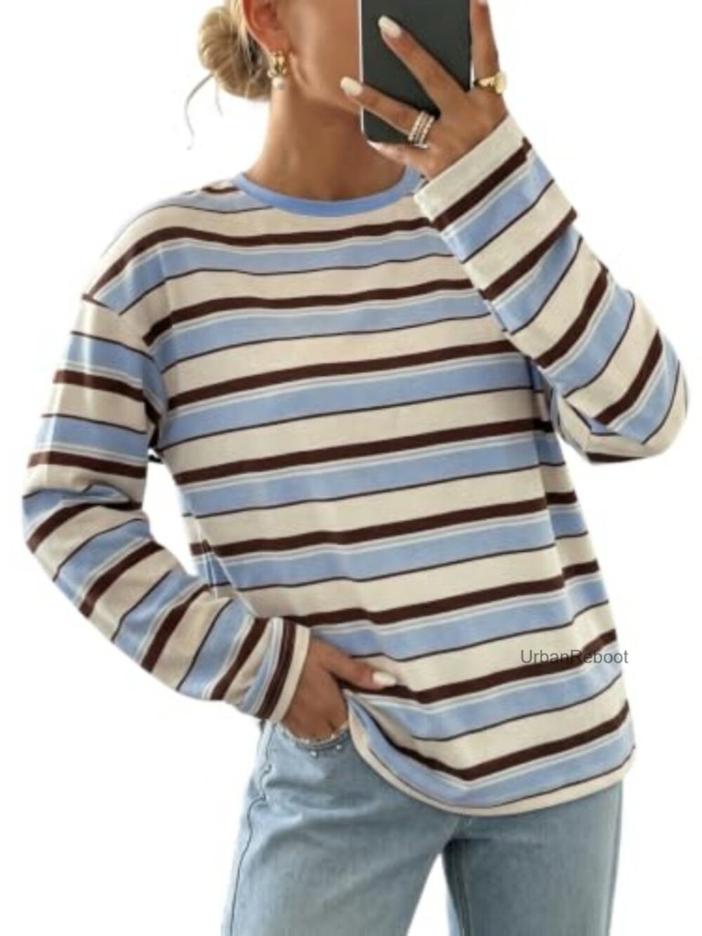 Ribbed Knit Striped Long Sleeve Crew Neck Pullover Tunic T-Shirt